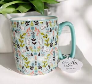 NEW Bella Peaceful White Cats in Nature Fern Blue Green 16oz Coffee Tea Cat Mug